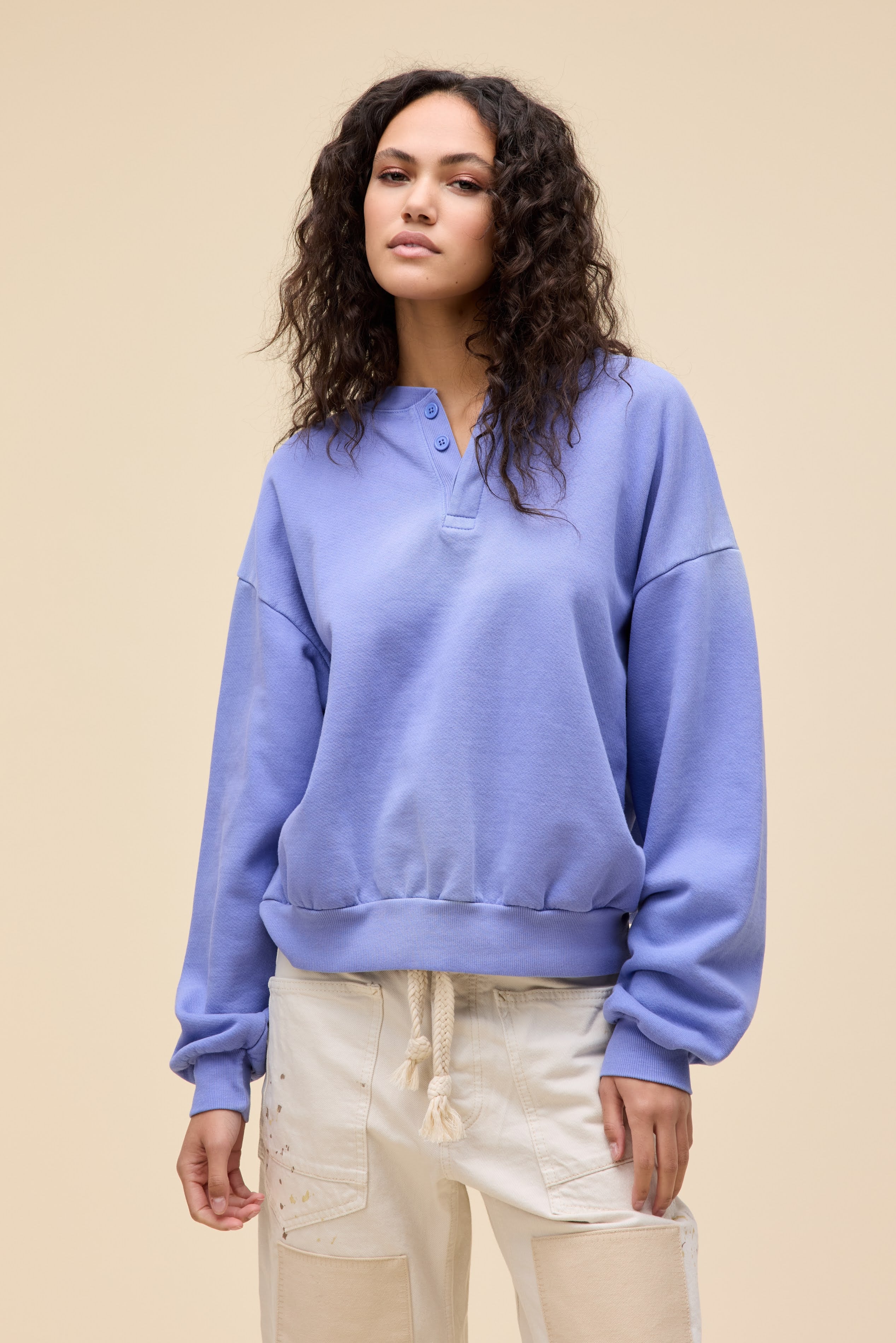 Solid Oversized Henley Sweatshirt