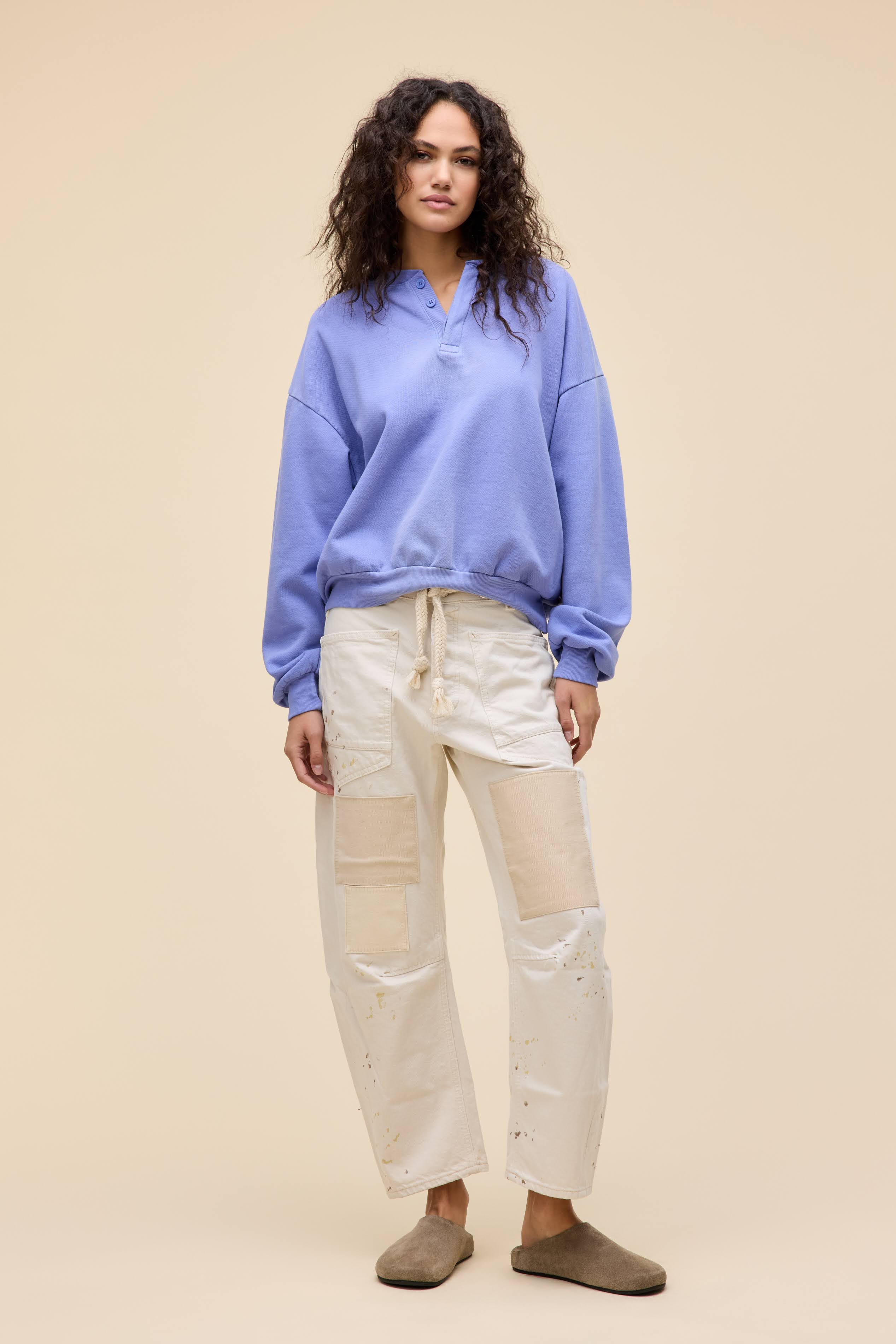 Solid Oversized Henley Sweatshirt - Image 3