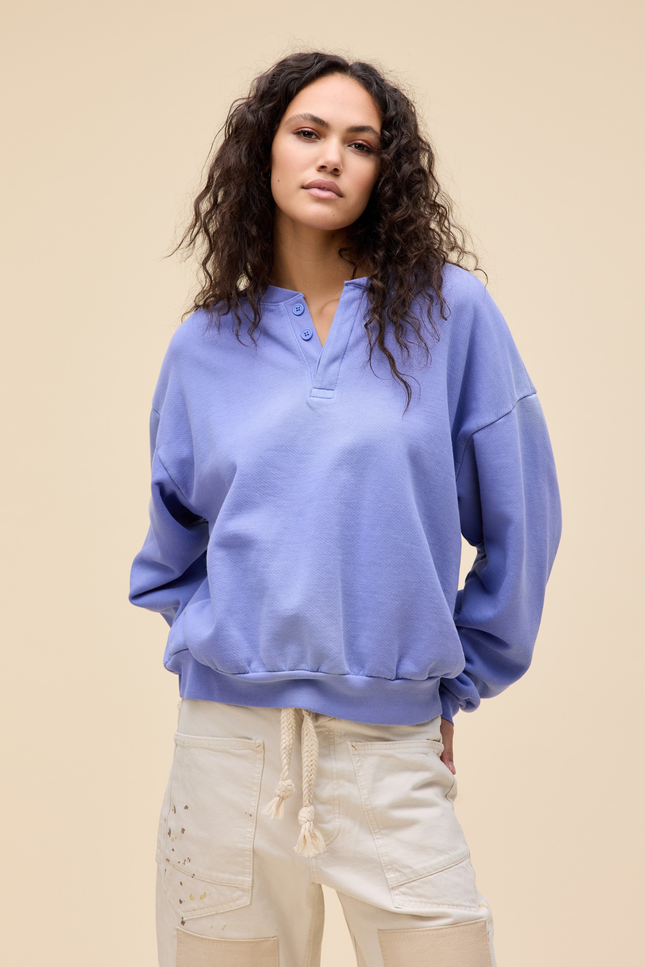 Solid Oversized Henley Sweatshirt - Image 4