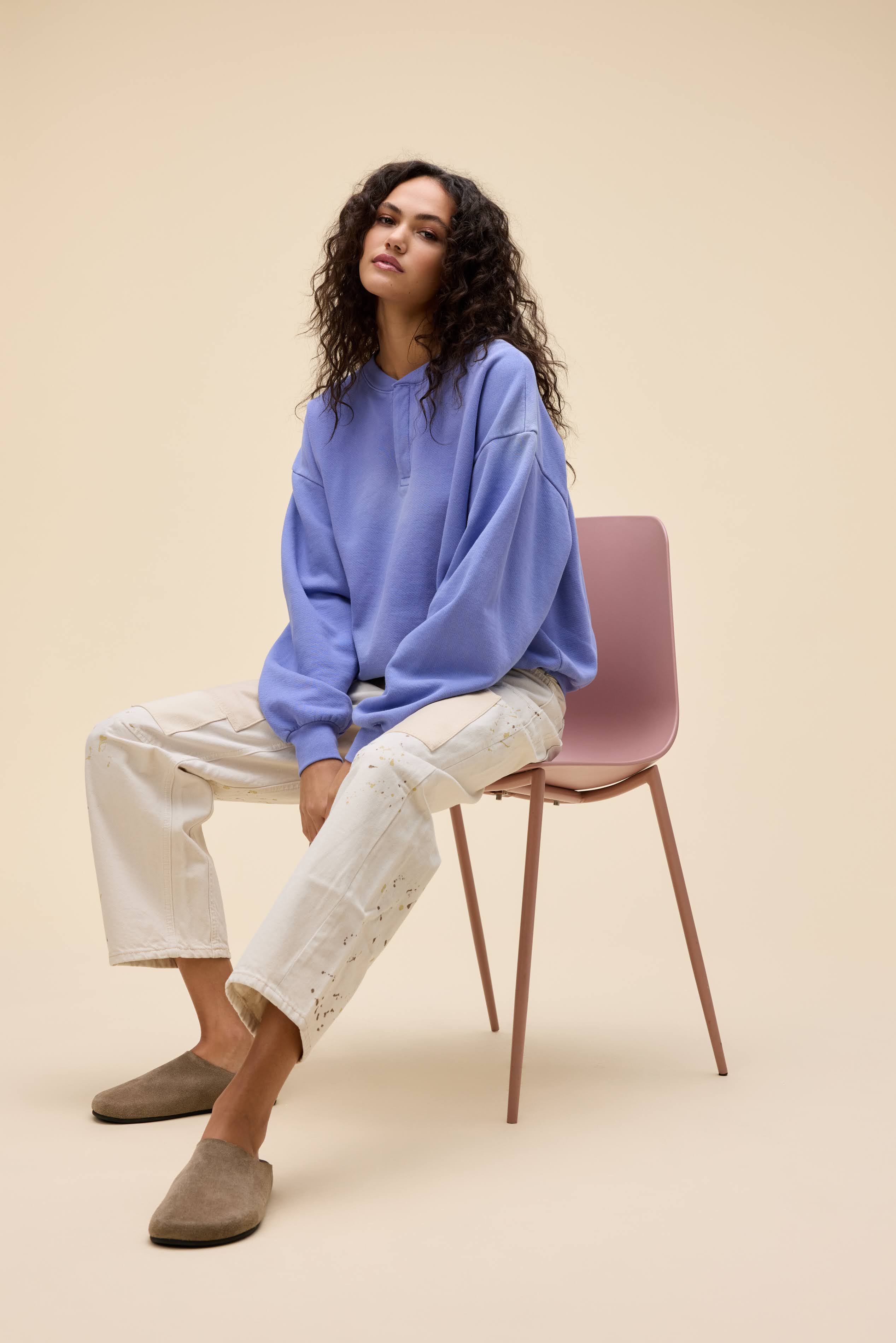 Solid Oversized Henley Sweatshirt - Image 6