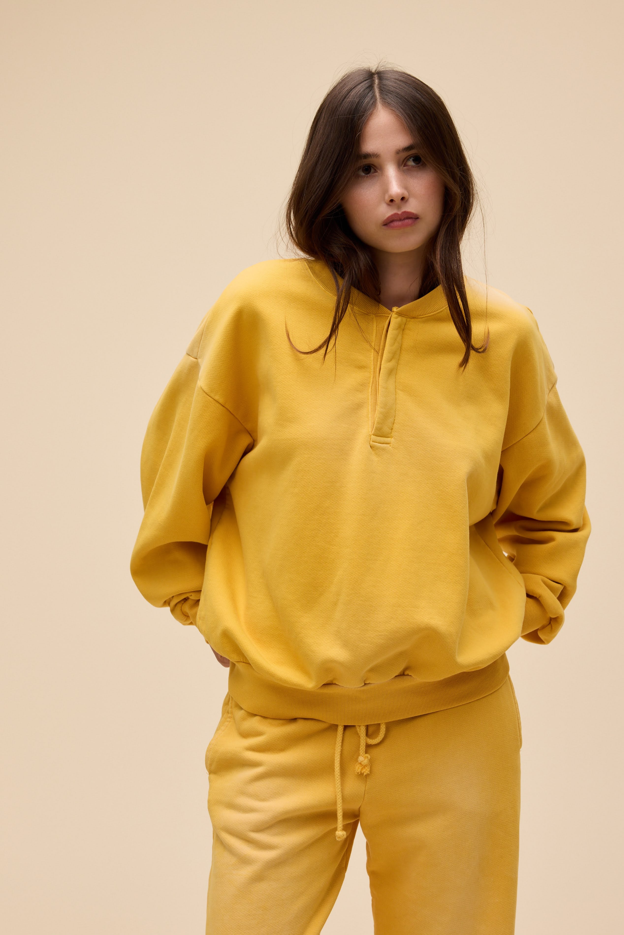 Solid Oversized Henley Sweatshirt - Image 3