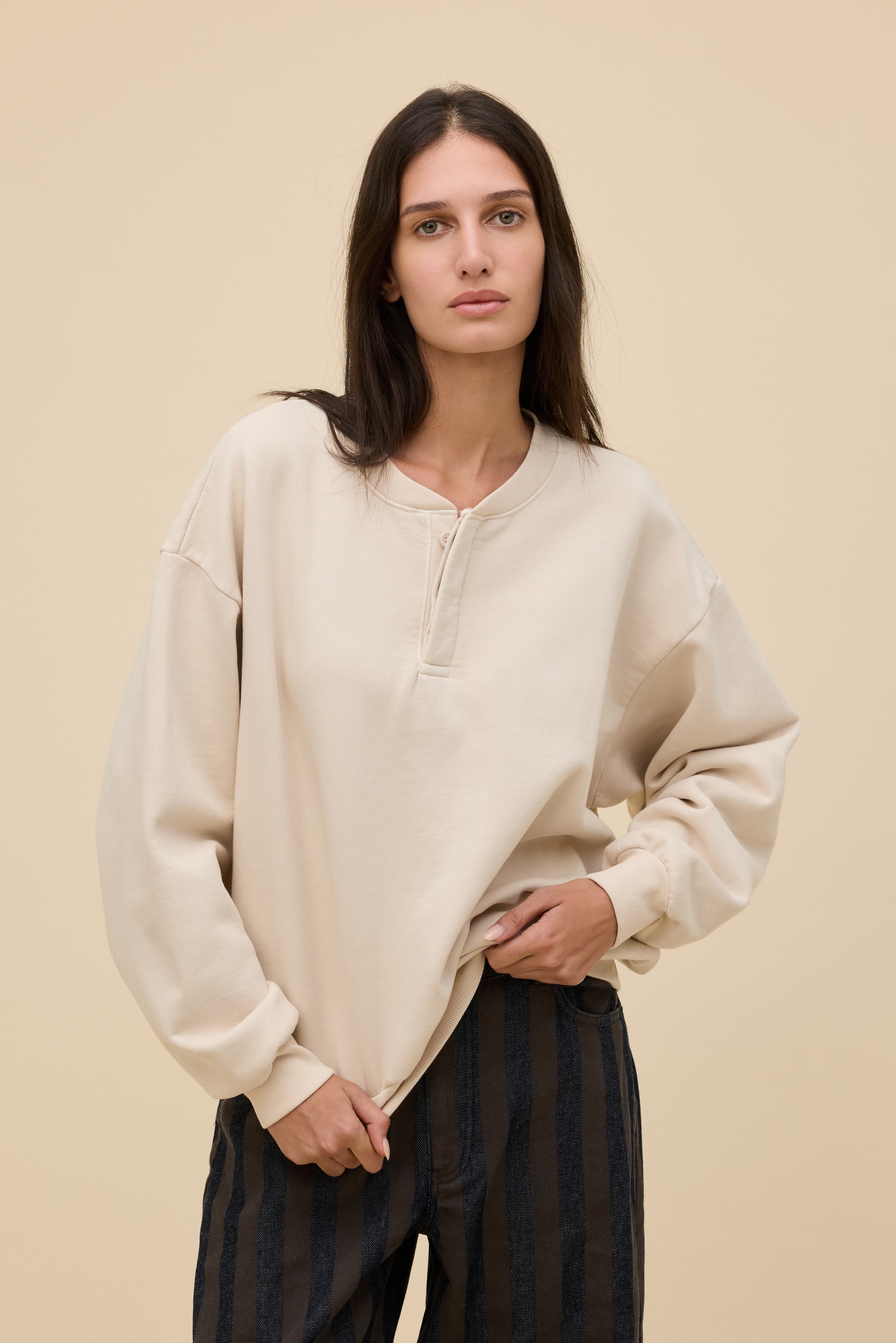Solid Oversized Henley Sweatshirt