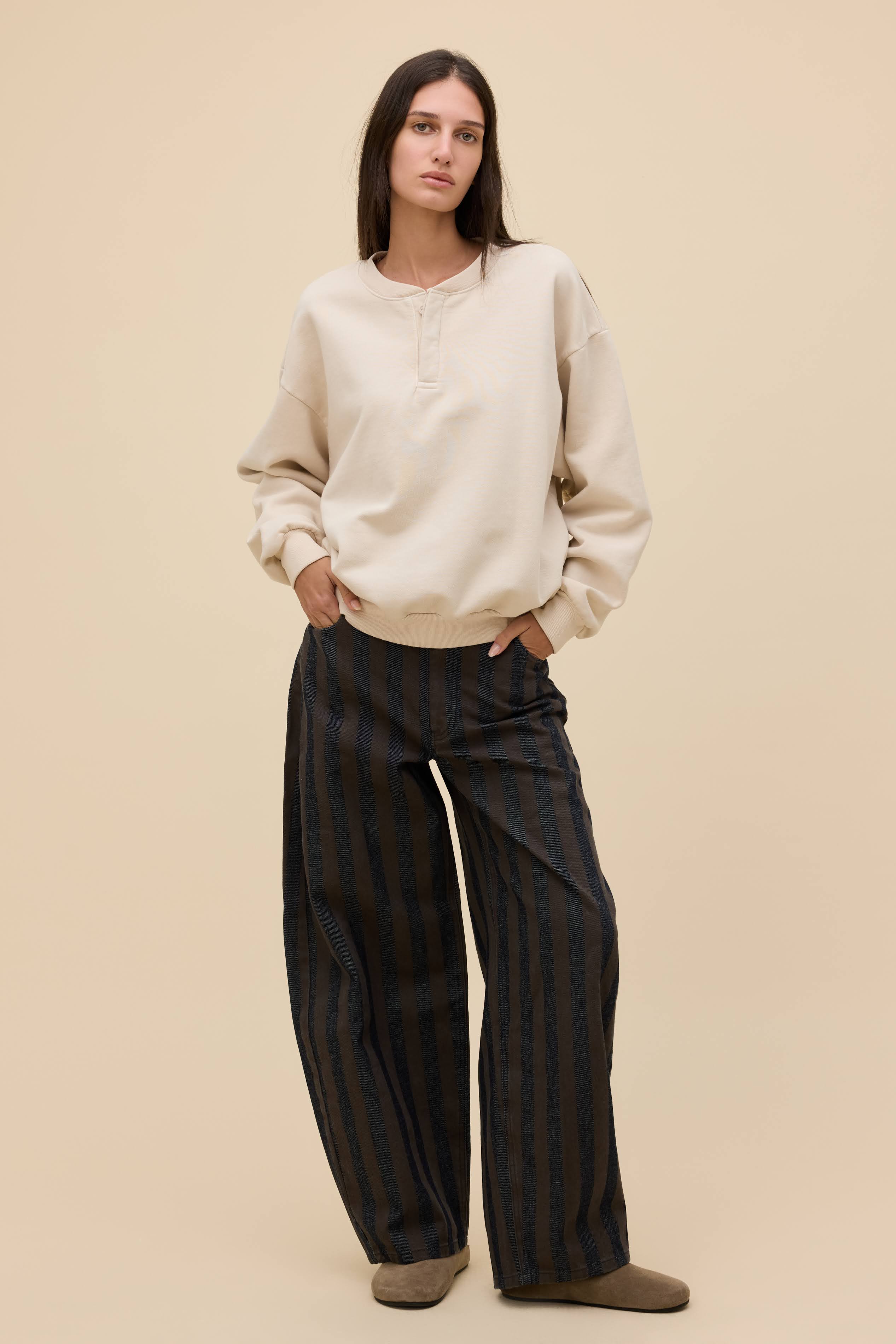 Solid Oversized Henley Sweatshirt - Image 2