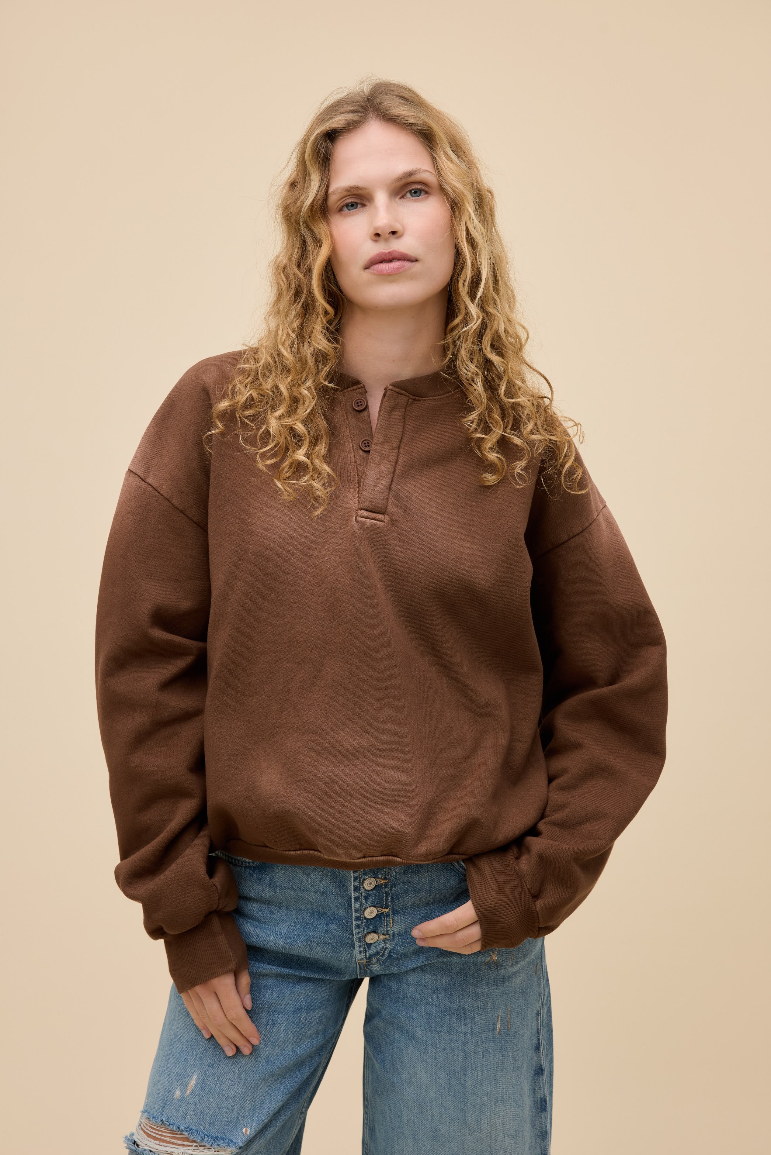 Solid Oversized Henley Sweatshirt