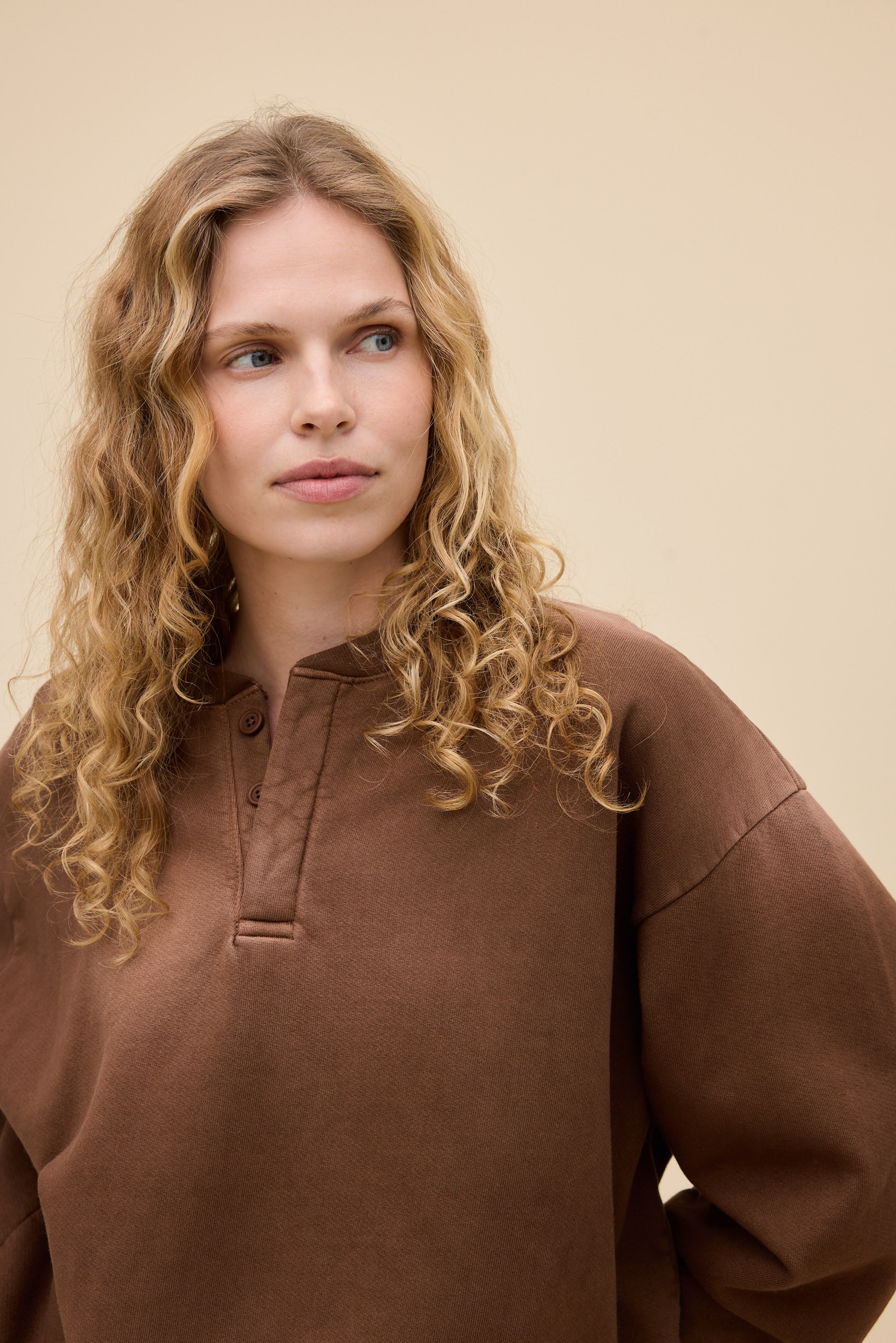 Solid Oversized Henley Sweatshirt - Image 2