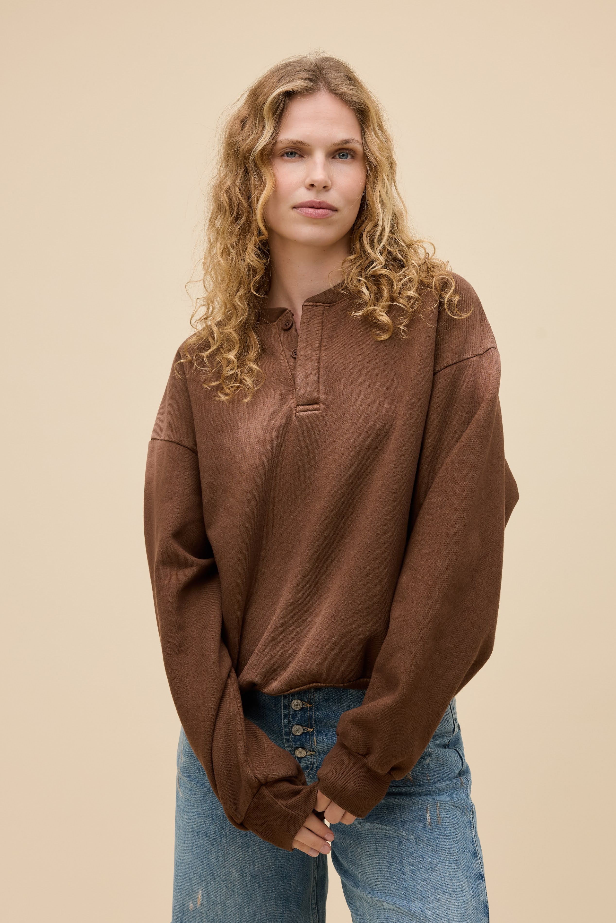 Solid Oversized Henley Sweatshirt - Image 4