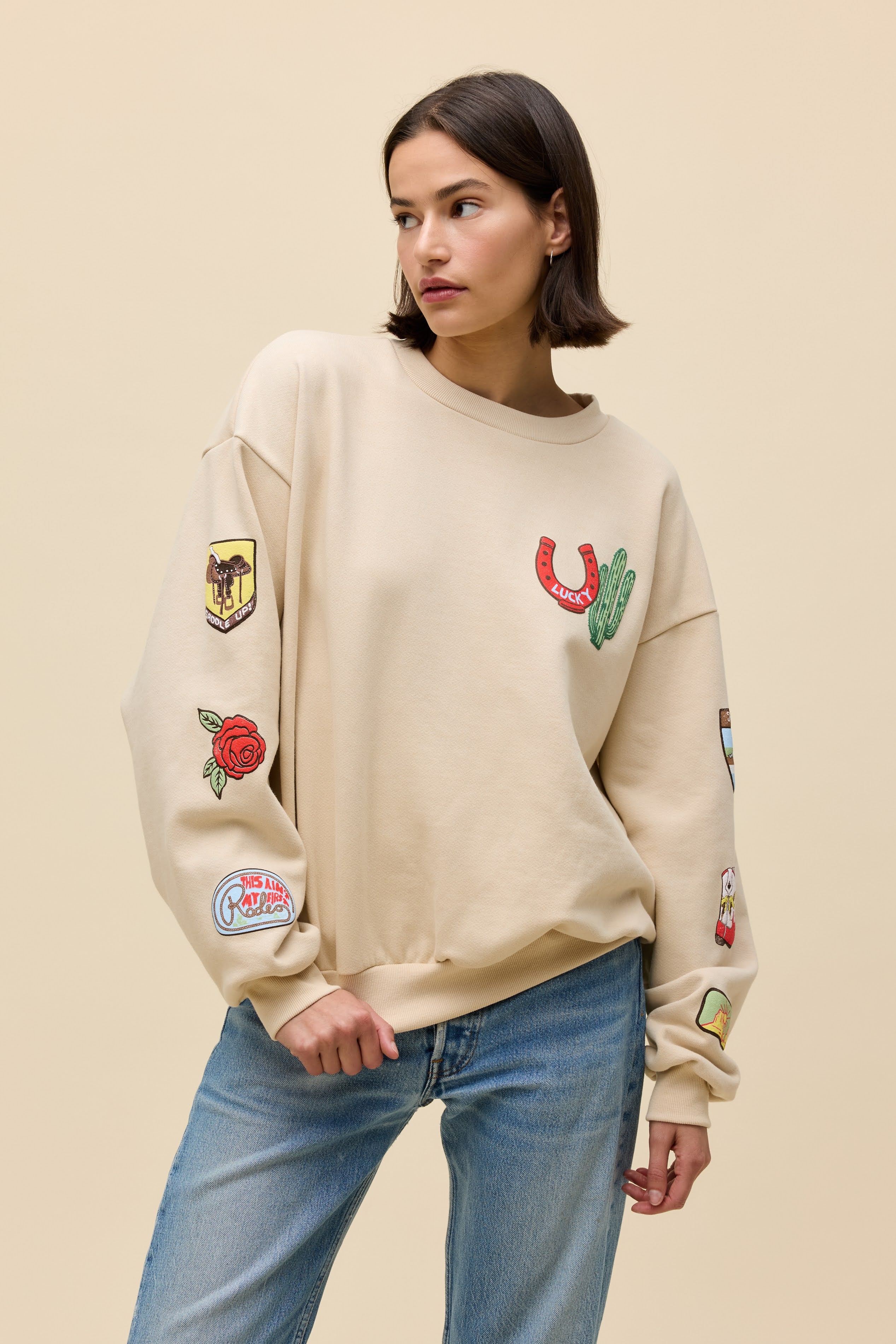 Western Patches Oversized Crew Sweatshirt - Image 3