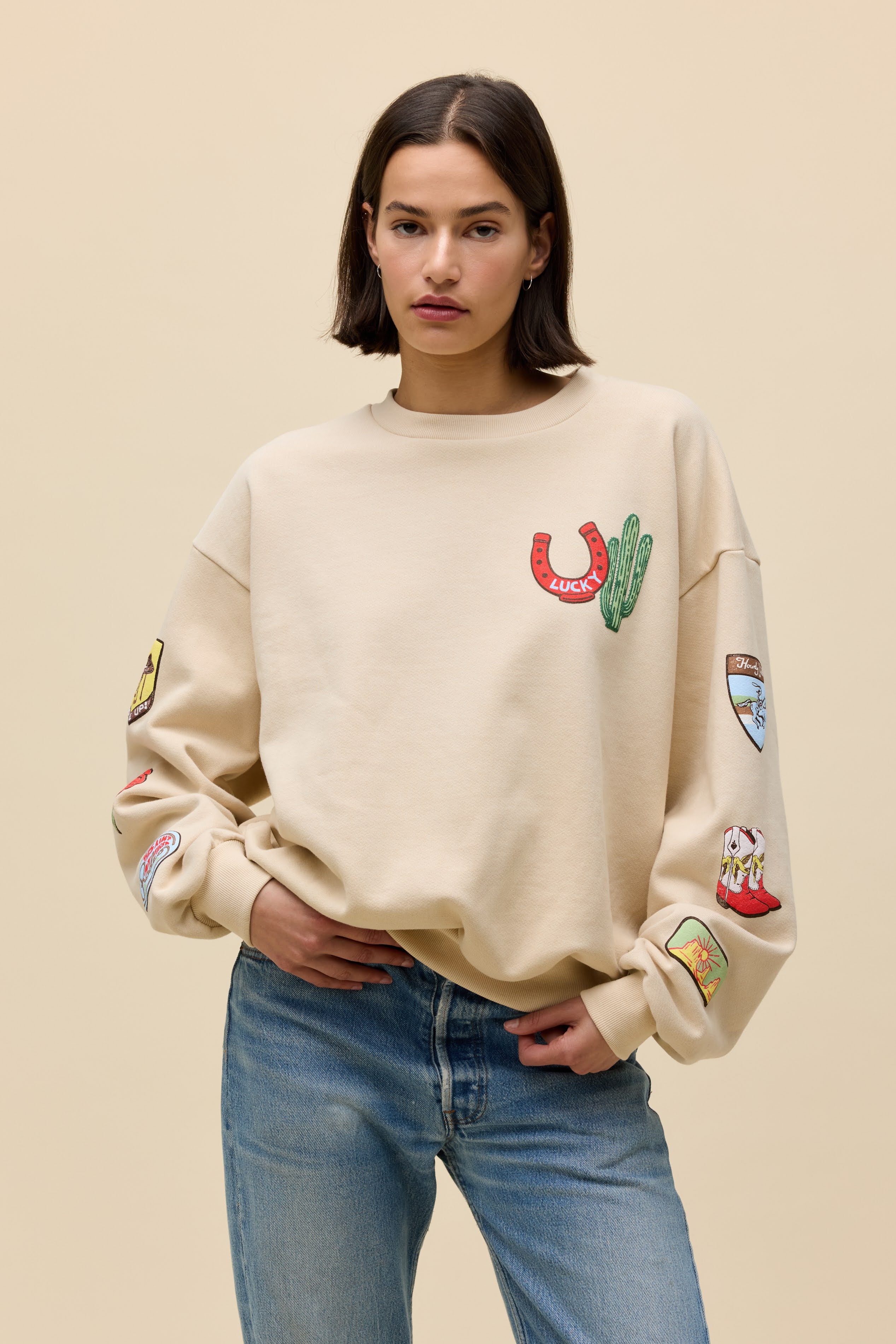 Western Patches Oversized Crew Sweatshirt - Image 5
